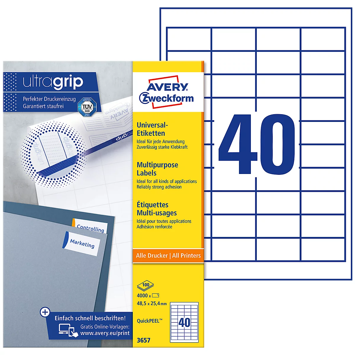 AVERY Zweckform Universal-Etiketten 3657, ultragrip, 48,5 x 25,4 mm, 4000 Stück