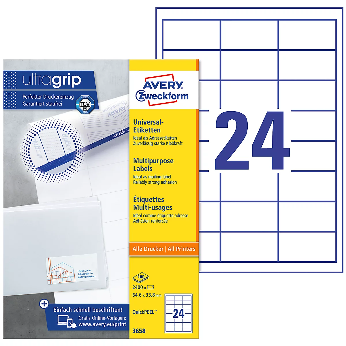 AVERY Zweckform Universal-Etiketten 3658, ultragrip, 64,6 x 33,8 mm, 2400 Stück