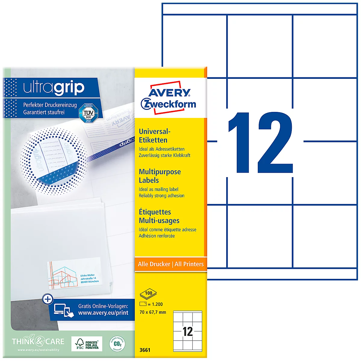 AVERY Zweckform Universal-Etiketten 3661, ultragrip, 70 x 67,7 mm, 1200 Stück