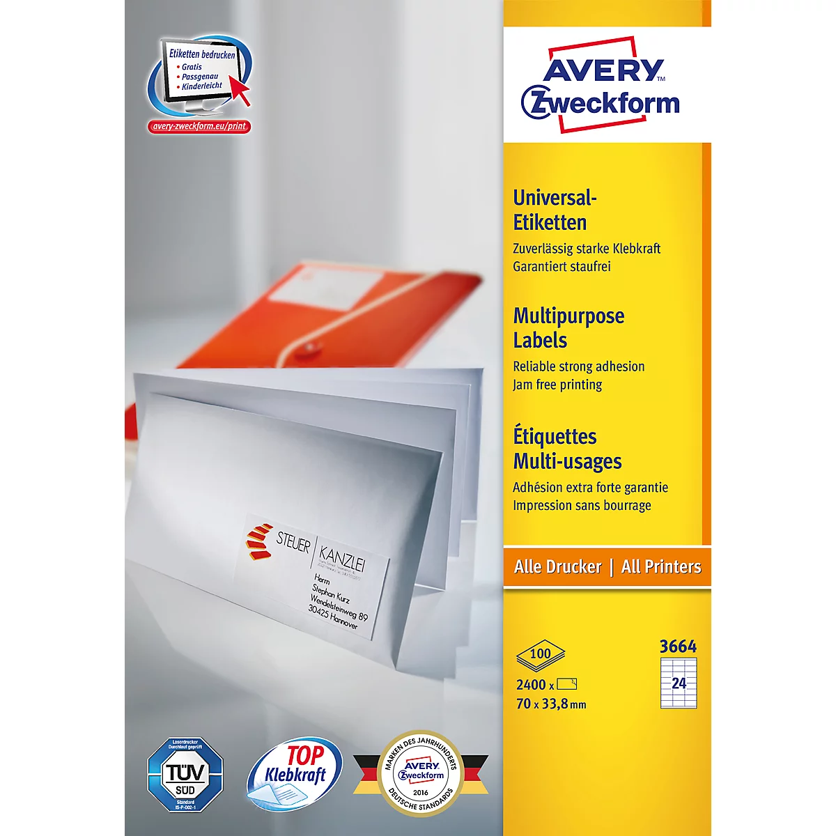 Auf einem gelben Hintergrund sind Etiketten der Marke Avery Zweckform zu sehen. Links unten liegen Briefe mit Steler Kanzlei Aufdruck.