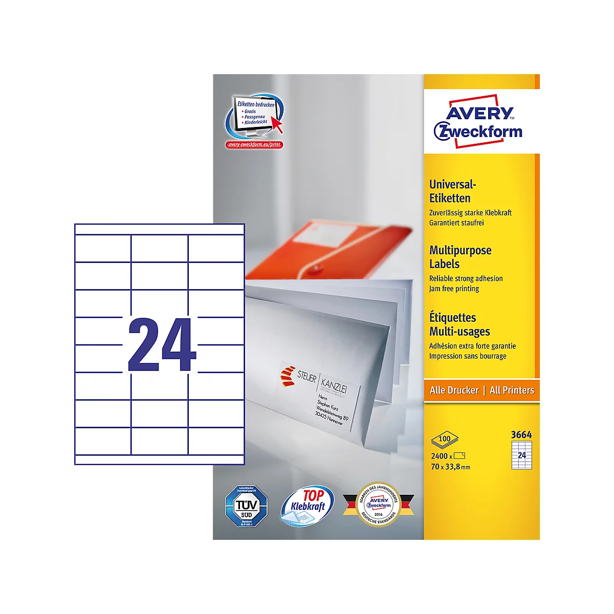 Ein Etikettenpaket der Marke Avery Zweckform mit 24 Etiketten auf weißem Hintergrund. Daneben sind 24 Etiketten als Beispiel abgebildet.
