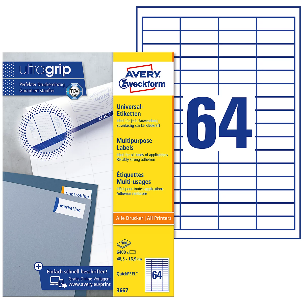 AVERY Zweckform Universal-Etiketten 3667, ultragrip, 48,5 x 16,9 mm, 3667, 6400 Stück