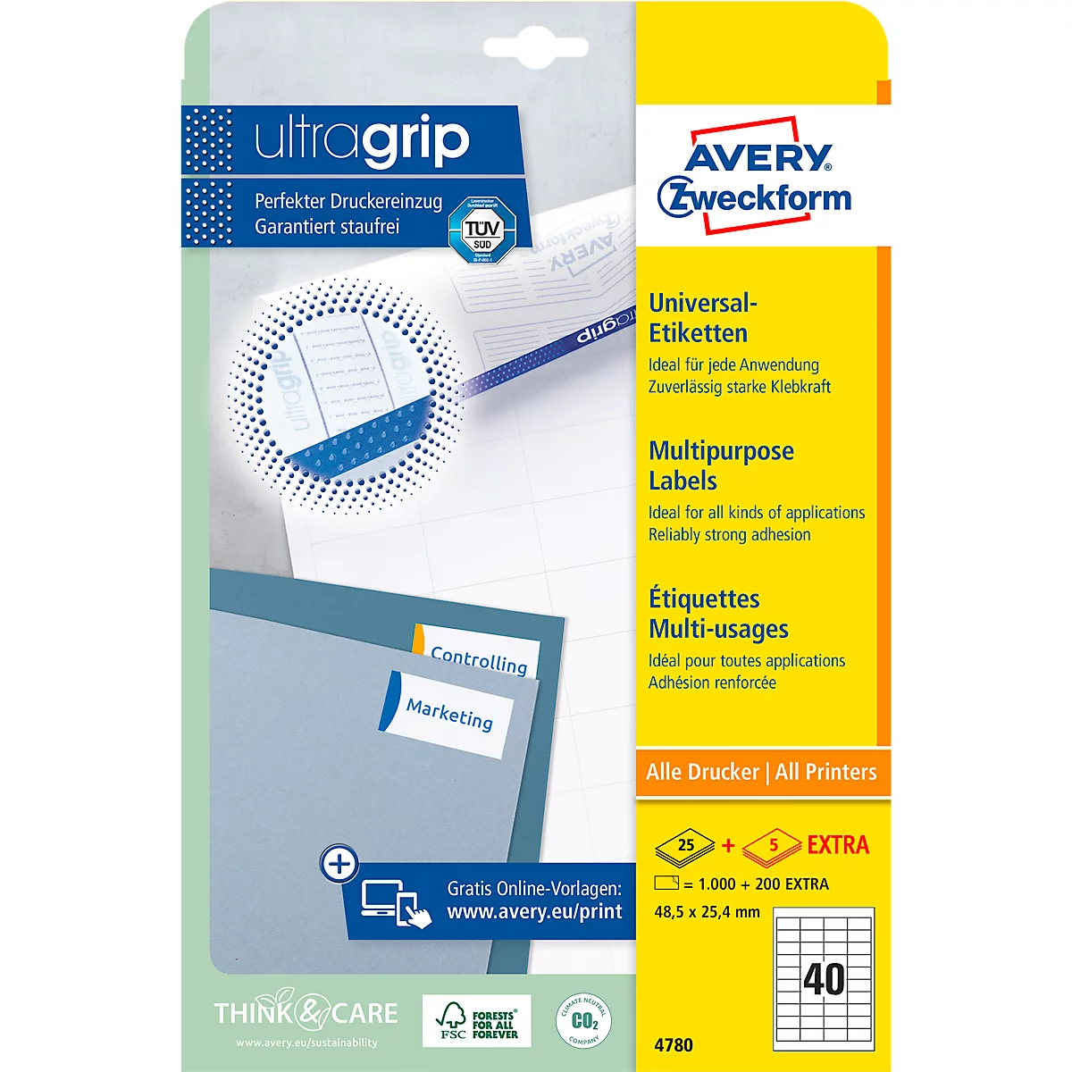 AVERY Zweckform Universal-Etiketten 4780, ultragrip, 48,5 x 25,4 mm, 1000 + 200 Stück