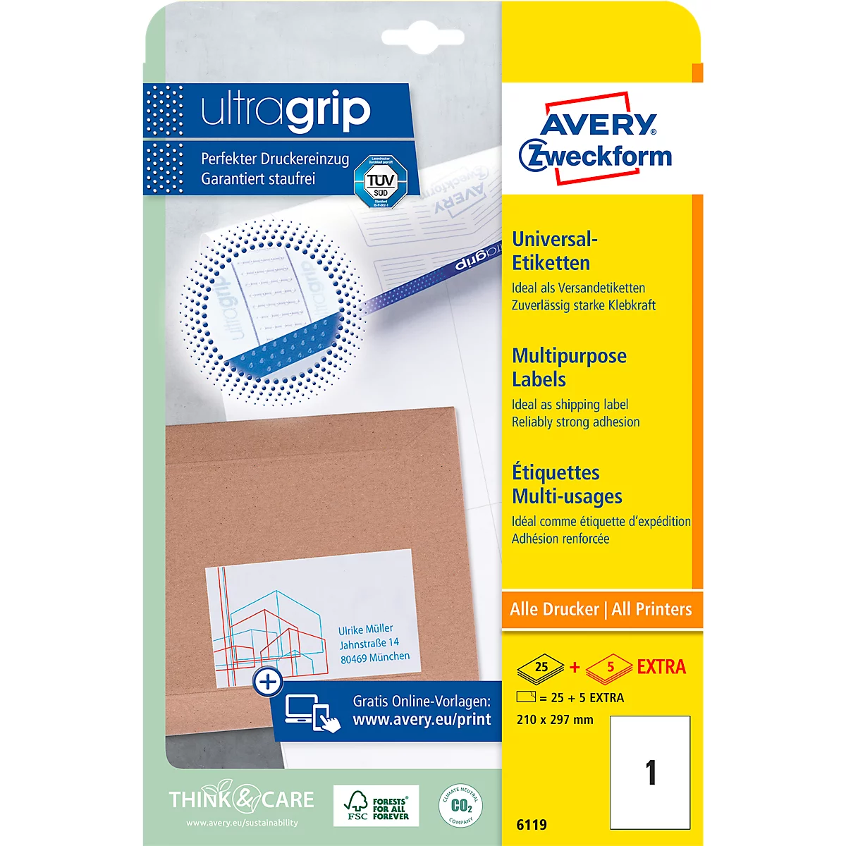 AVERY Zweckform Universal-Etiketten 6119, ultragrip, 210 x 297 mm, 25 + 5 Stück