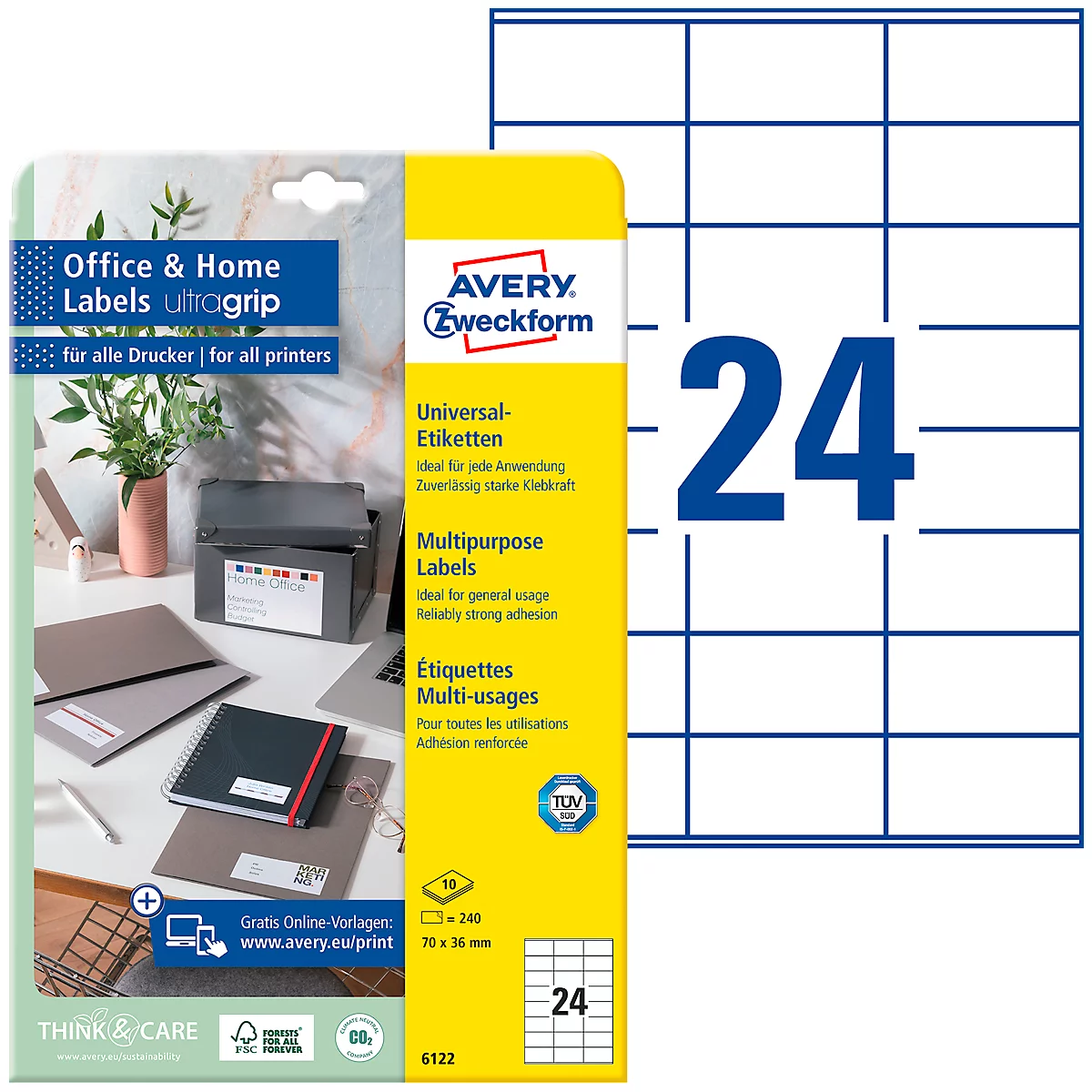 AVERY Zweckform Universal-Etiketten 6122, ultragrip, 70 x 36 mm, 240 Stück