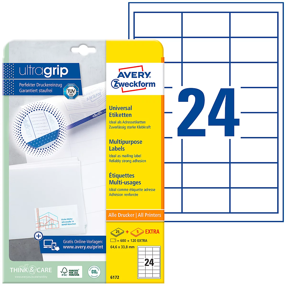 AVERY Zweckform Universal-Etiketten 6172, ultragrip, 64,6 x 33,8 mm, 600 + 120 Stück