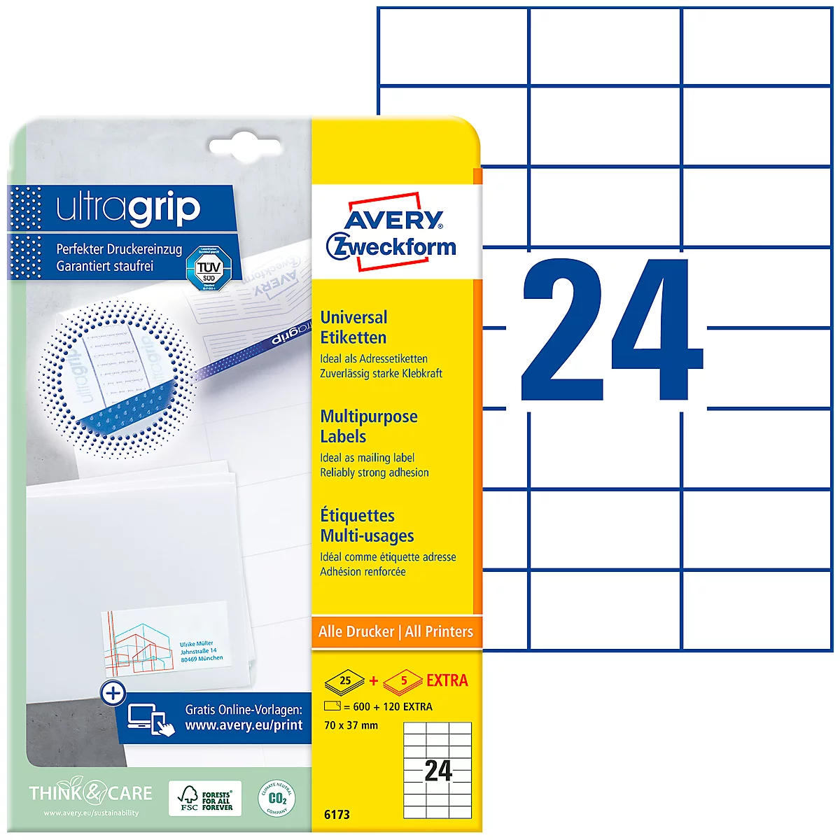 AVERY Zweckform Universal-Etiketten 6173, ultragrip, 70 x 37 mm, 600 + 120 Stück