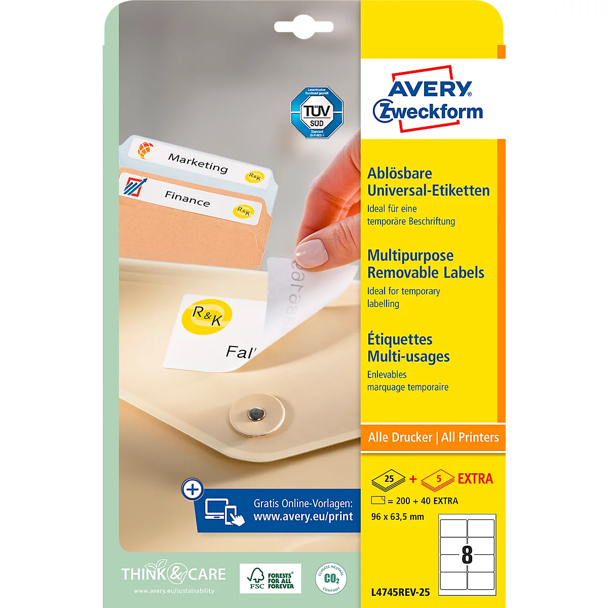 AVERY Zweckform Universal-Etiketten, 96 x 63,5 mm, wiederablösbar, 200 + 40 Stück