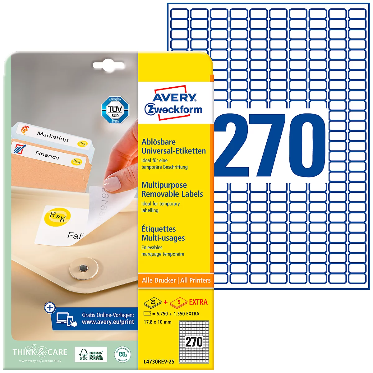 A package of Avery Zweckform labels with prints and the inscription "270".