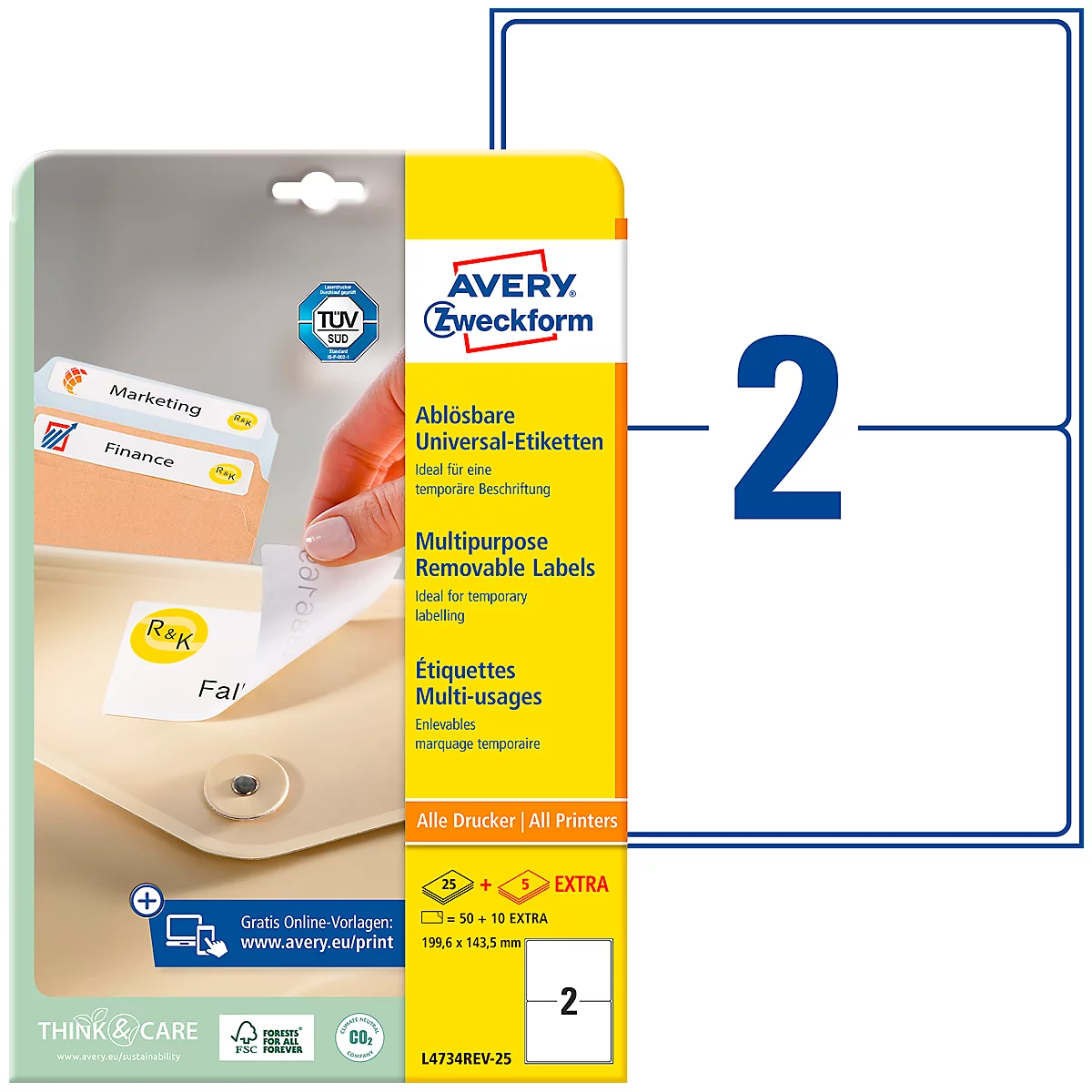 Avery Zweckform label package. Yellow background with product image and blue "2".