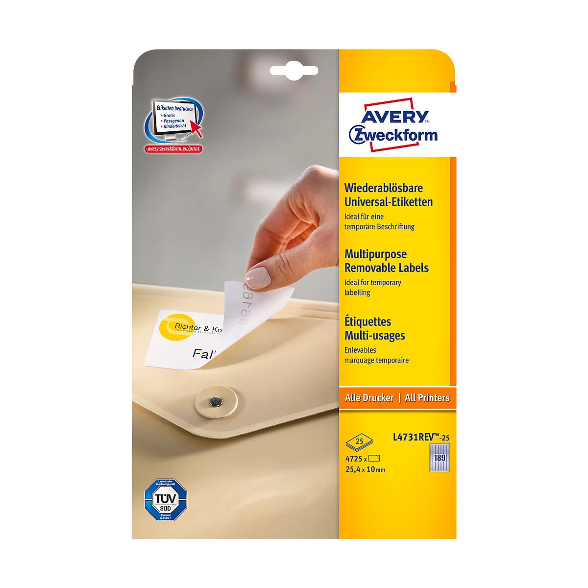 Person removing a label from an envelope. Imprint: Avery Zweckform, removable labels. Packaging in the background.