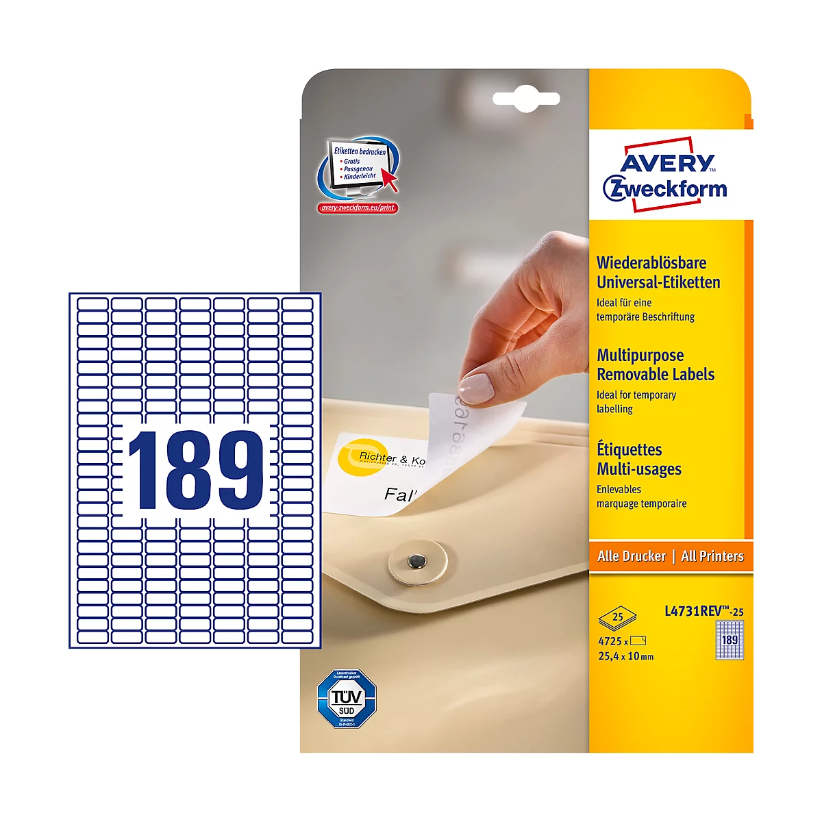 A person is peeling a label from a sheet. In the foreground: Label sheet with the number 189, right: Avery Zweckform product packaging.