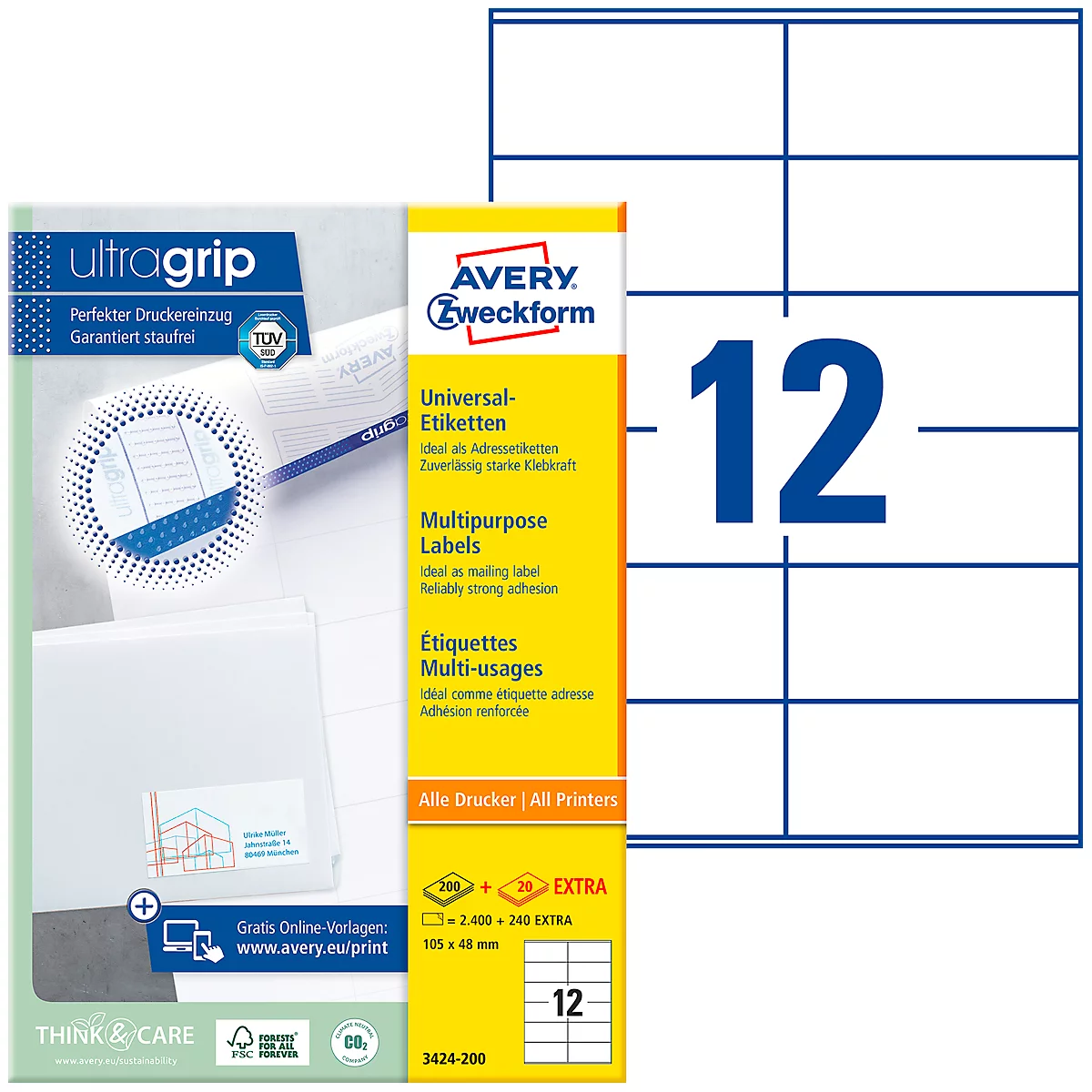 A pack of Avery Zweckform universal labels with 12 labels per sheet.