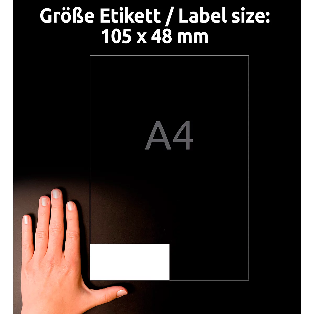 A hand rests on a black surface on which a white rectangle and a transparent rectangle are visible. Above it is written in white: Size label / Label size: 105 x 48 mm. A4 is in the transparent rectangle.