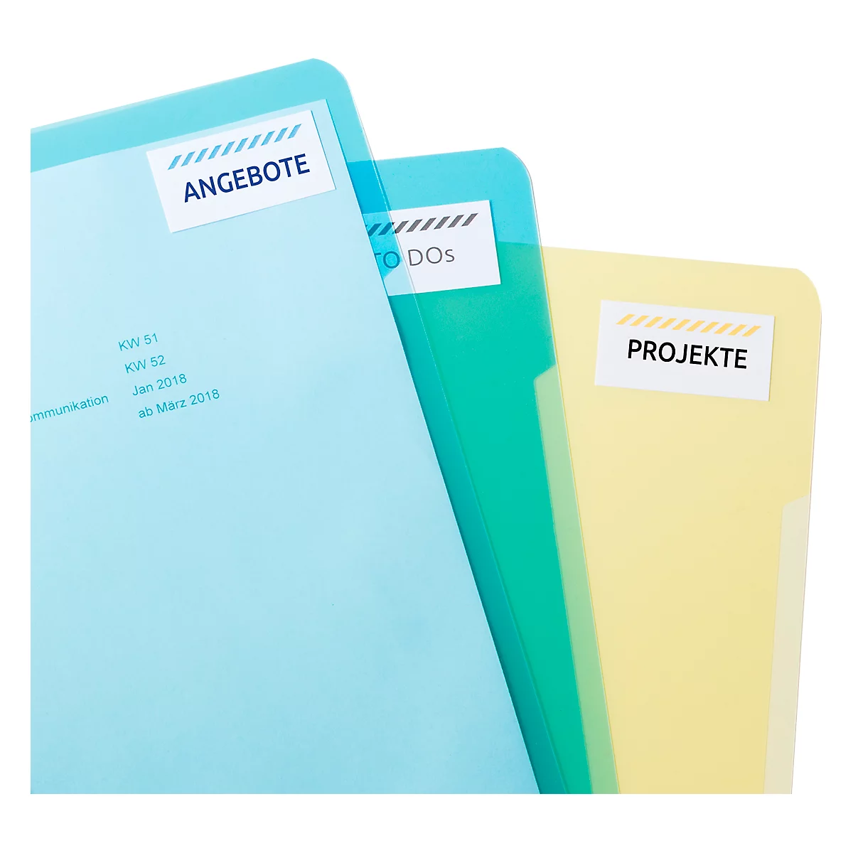 Three colored folders with labels: Offers, To Dos, Projects. Light blue, turquoise, yellow.