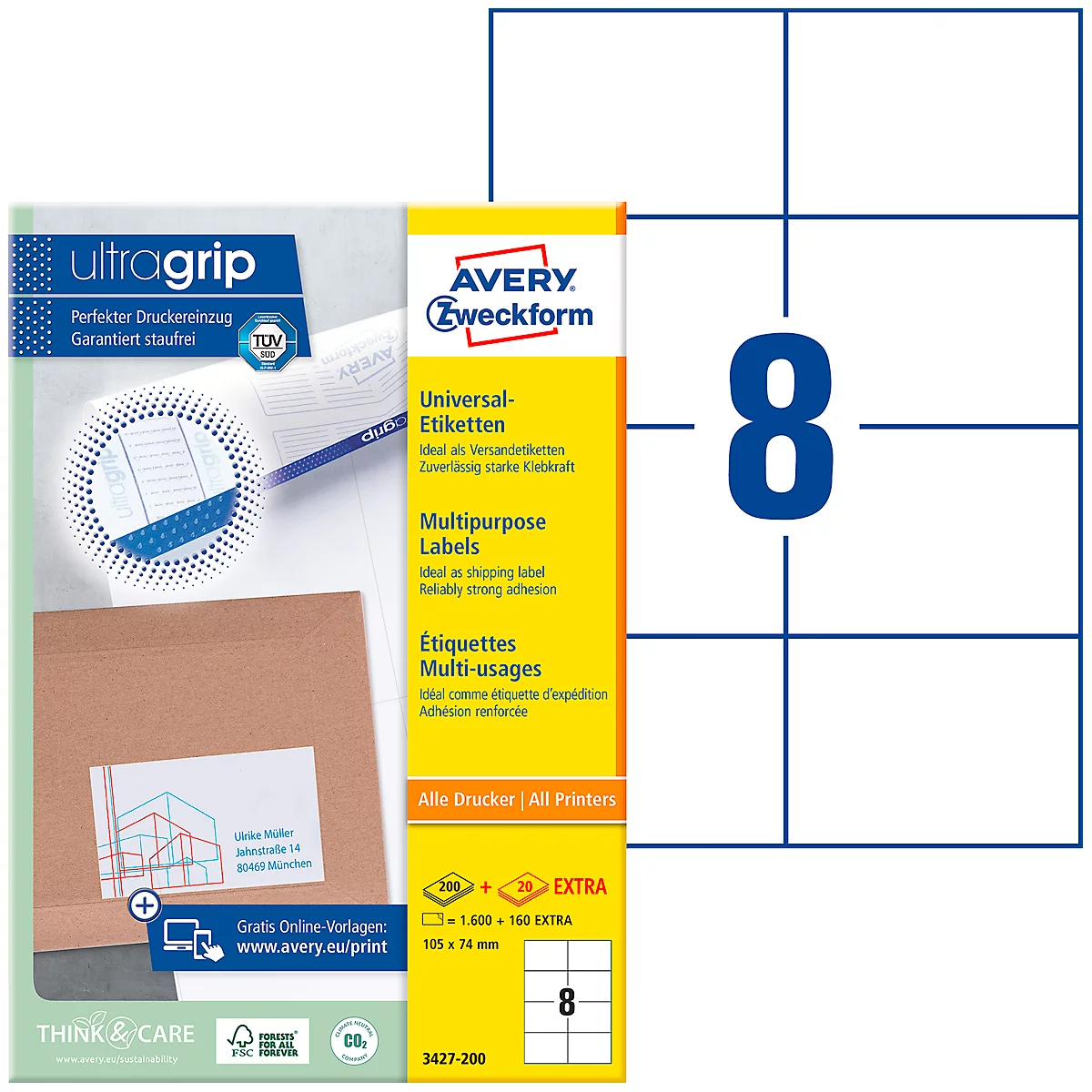 A package of Avery Zweckform universal labels and label sheets with the number 8.