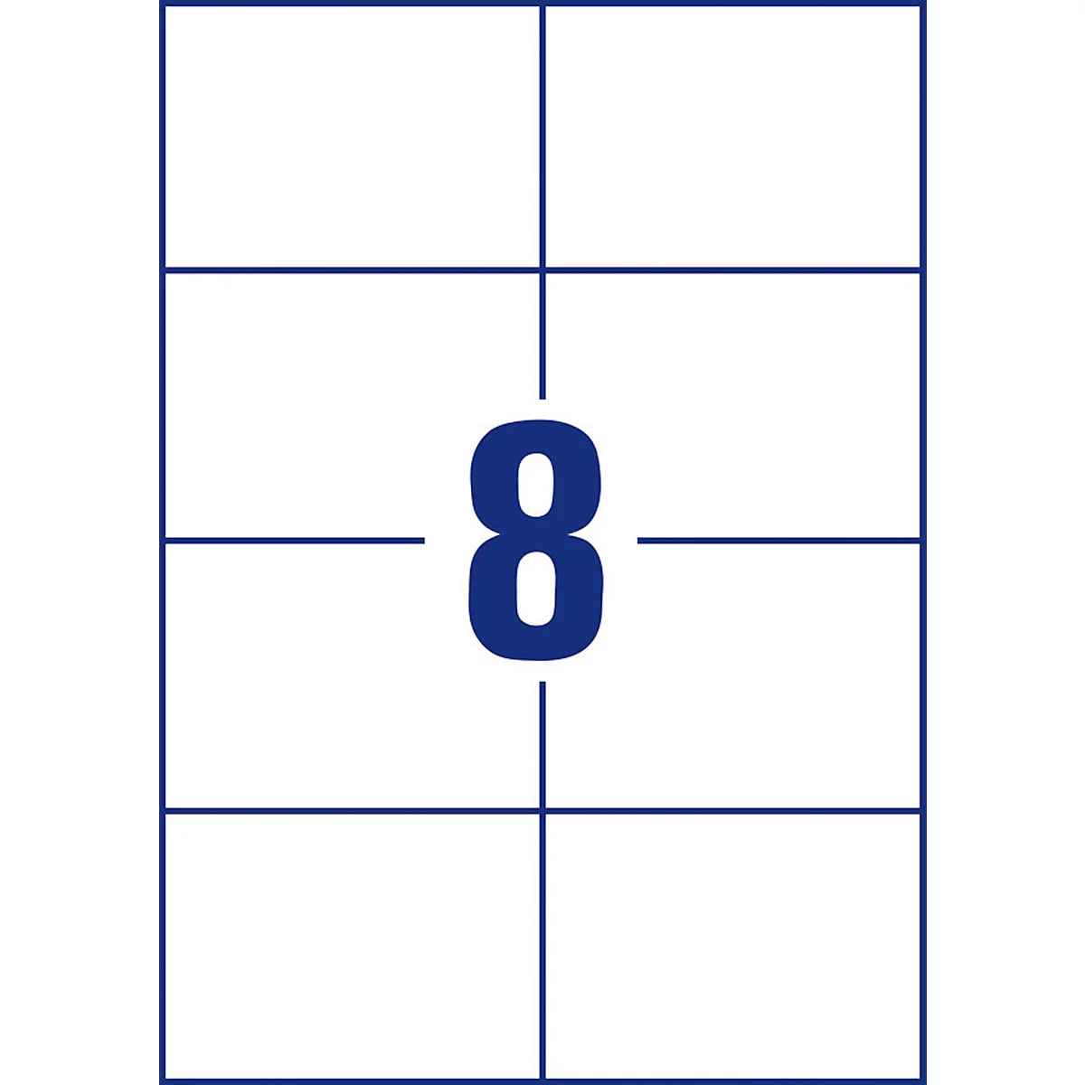 A white label featuring eight rectangular fields with a large blue '8' in the center.