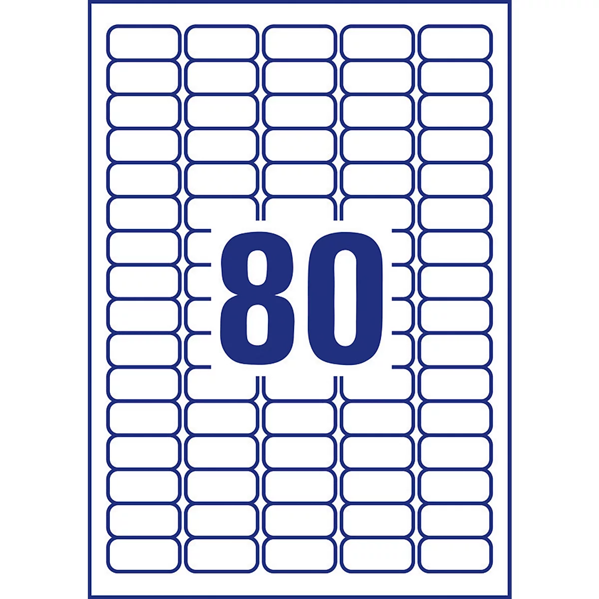 Sheet of labels with 80 fields, outlined by blue lines. Large, blue "80" in the center.