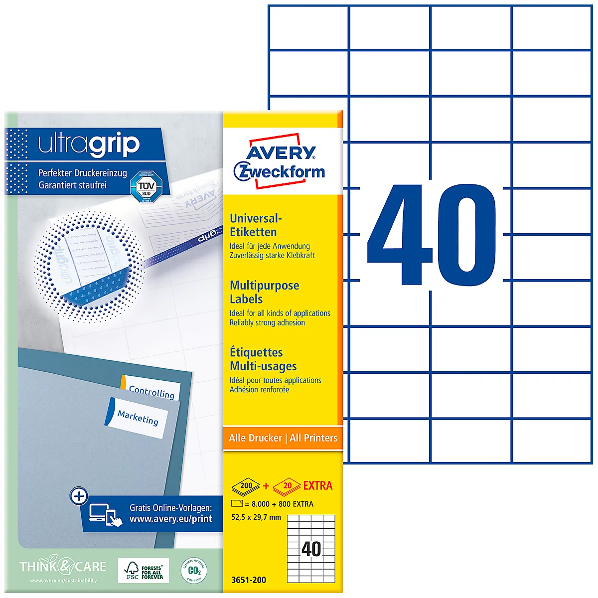 Pack of 40 Avery Zweckform universal labels, plus a block of labels and text, including 'ultragrip' and 'Marketing'.