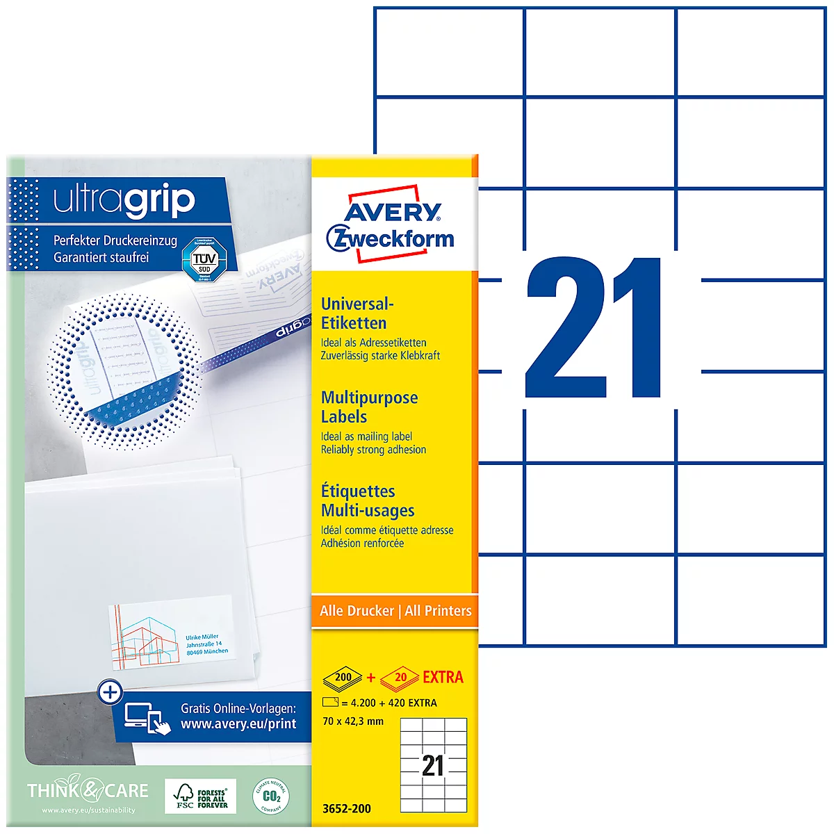 Sheets with labels next to a product package from Avery Zweckform. Product designations are on the package.