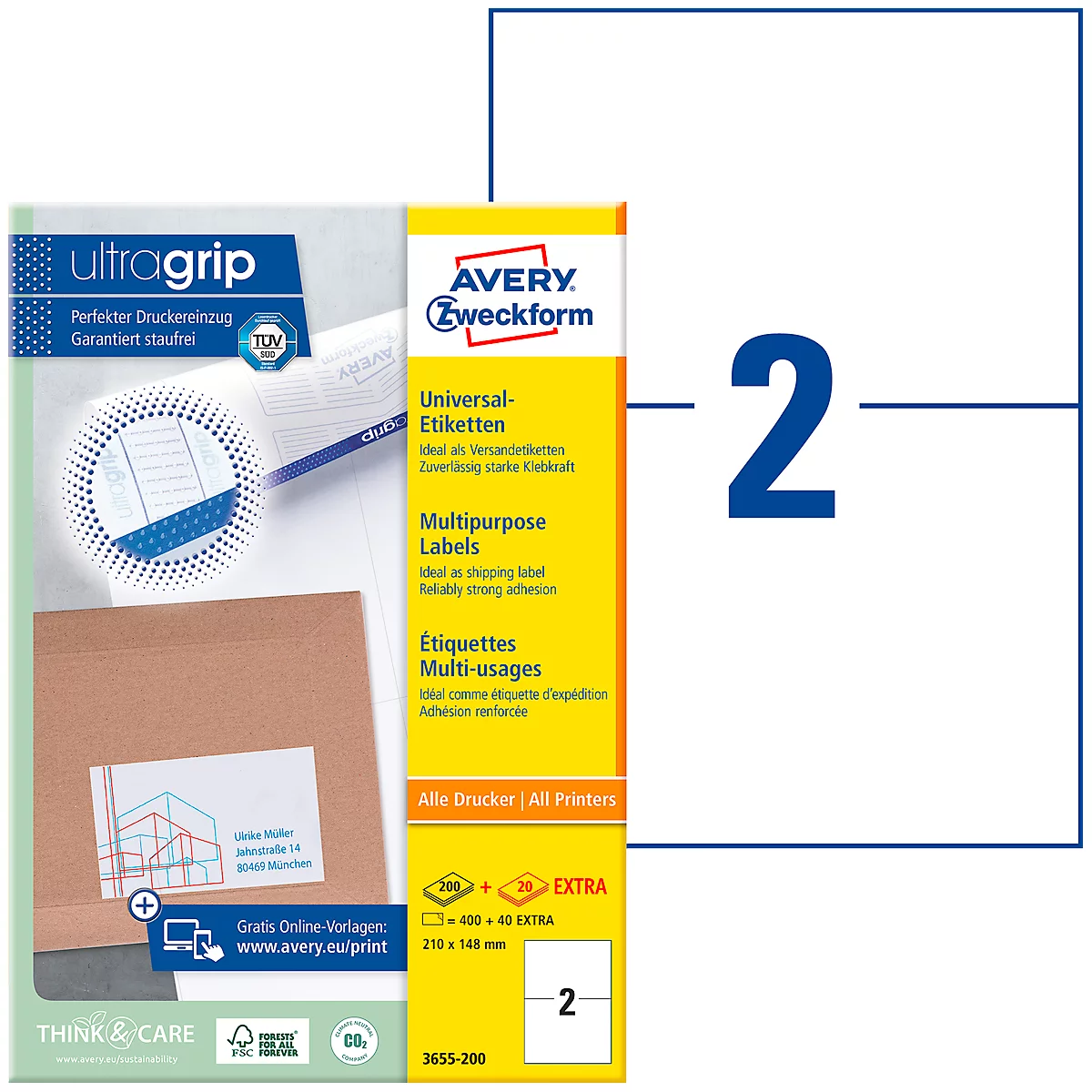 Product image of Avery Zweckform universal labels. Package with labels, printed text, "ultragrip".
