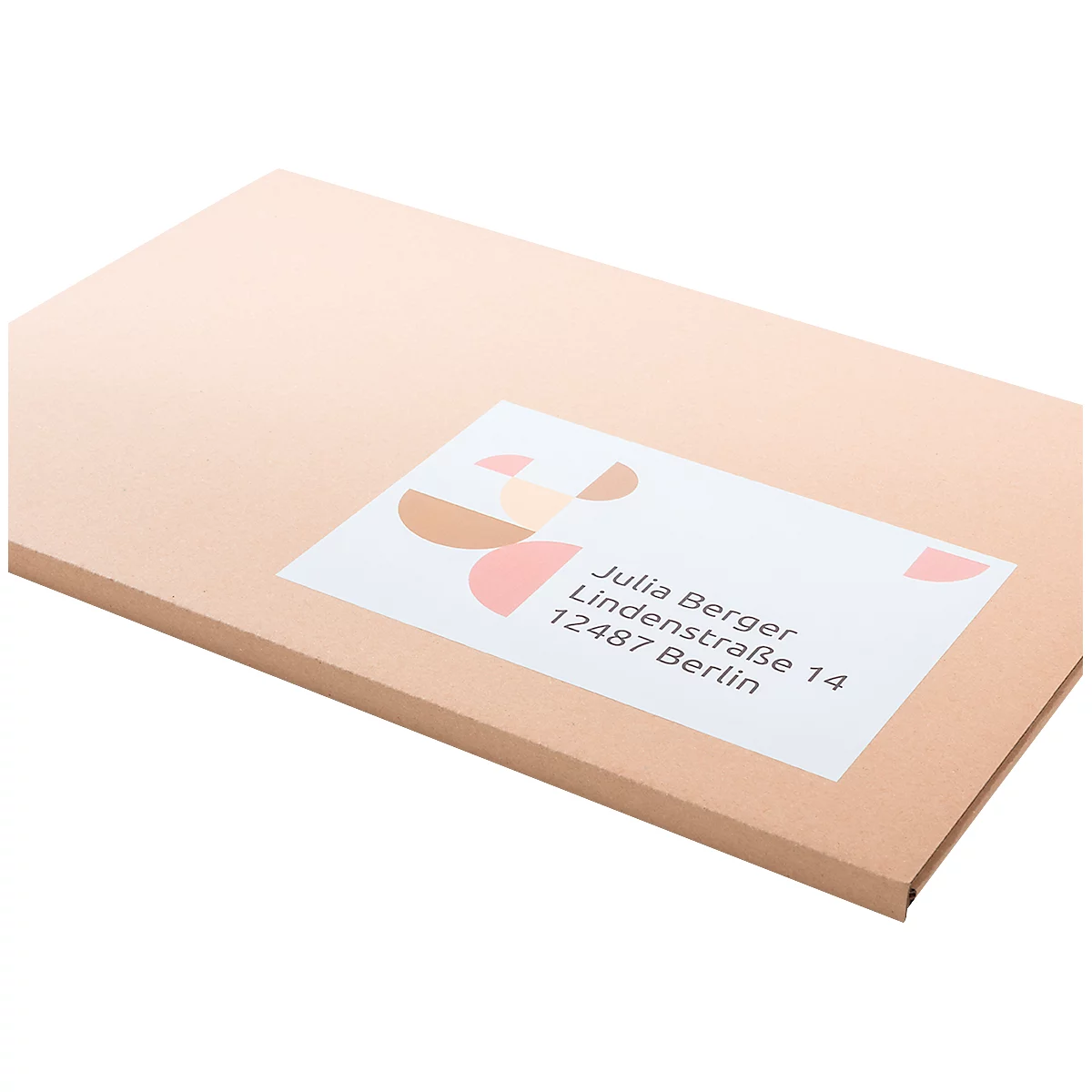 A package addressed to Julia Berger in Berlin. The shipping label features geometric shapes in pastel colors.