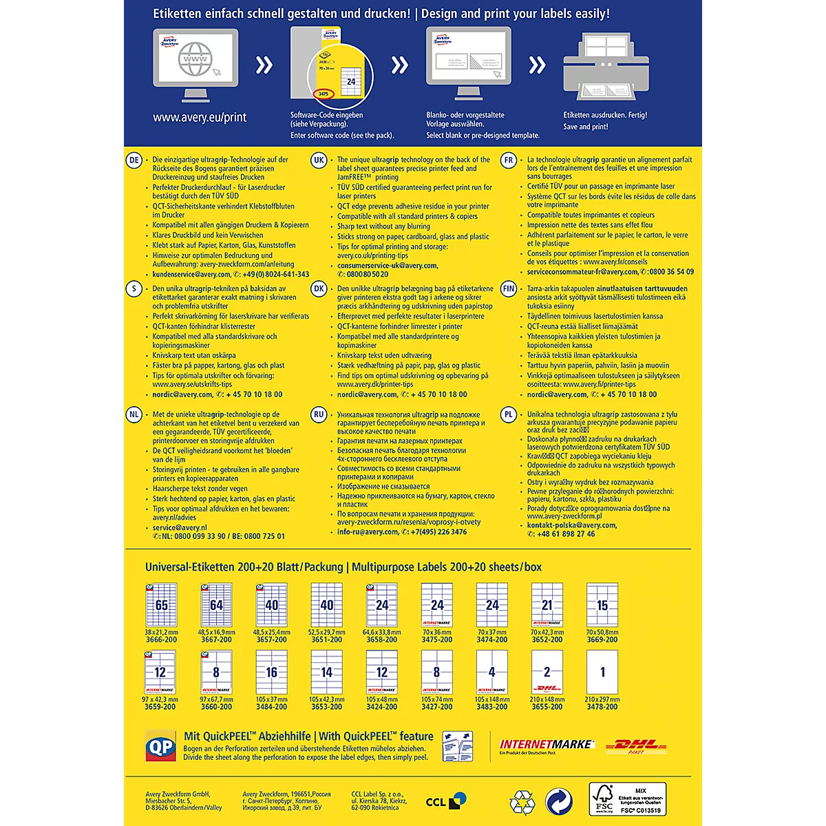 Yellow-blue poster with instructions for creating labels, including computers, labels and printers. Below, an overview of label sizes.