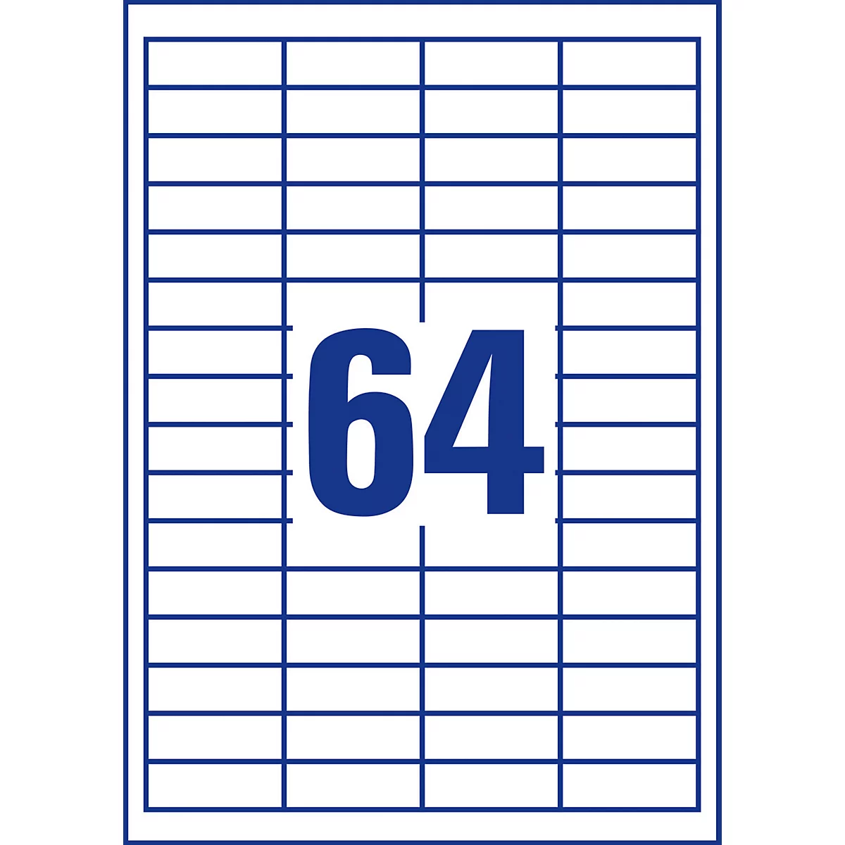 A rectangular sheet of stickers, divided into 64 rectangular fields by blue lines. In the middle, the number 64 is written in large, bold, blue letters.