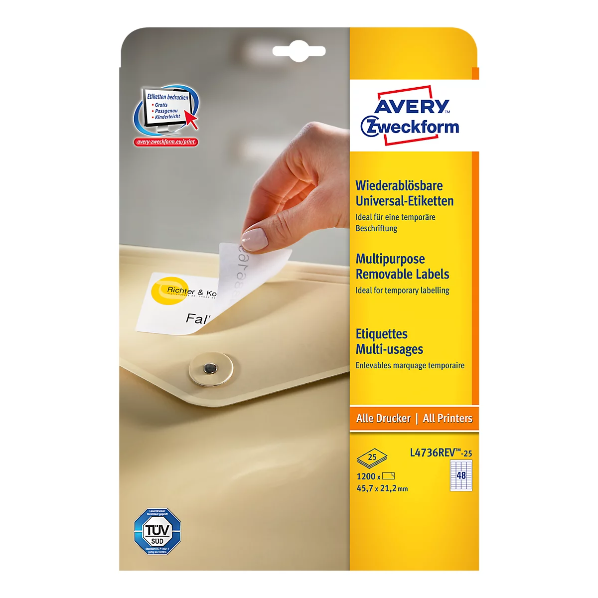 A hand applies a white label with a print on a cream-colored folder. Right: yellow product packaging with text and logo.