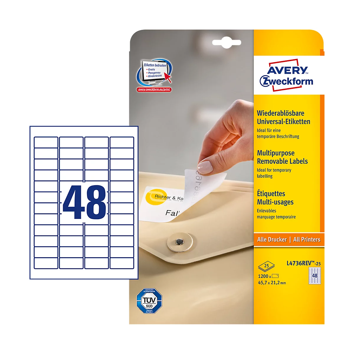 Product image shows Avery Zweckform labels. A hand is sticking one of the stickers onto a light-colored envelope. On the right is a package with product information.