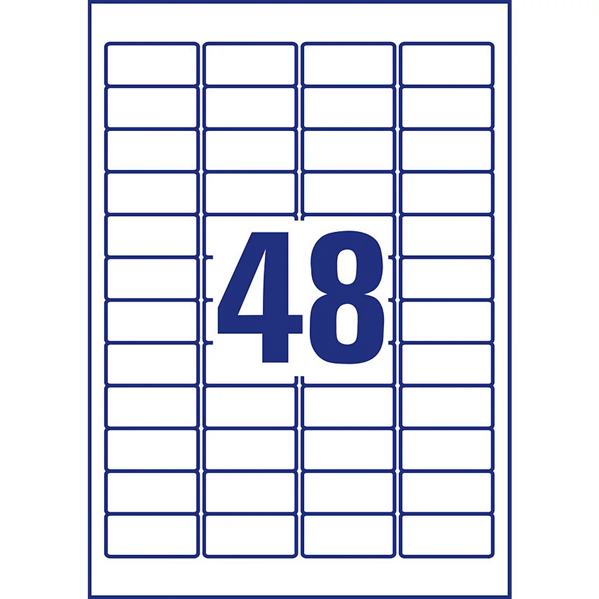 White sheet with 48 rectangular stickers. In the middle is the number 48 in blue.
