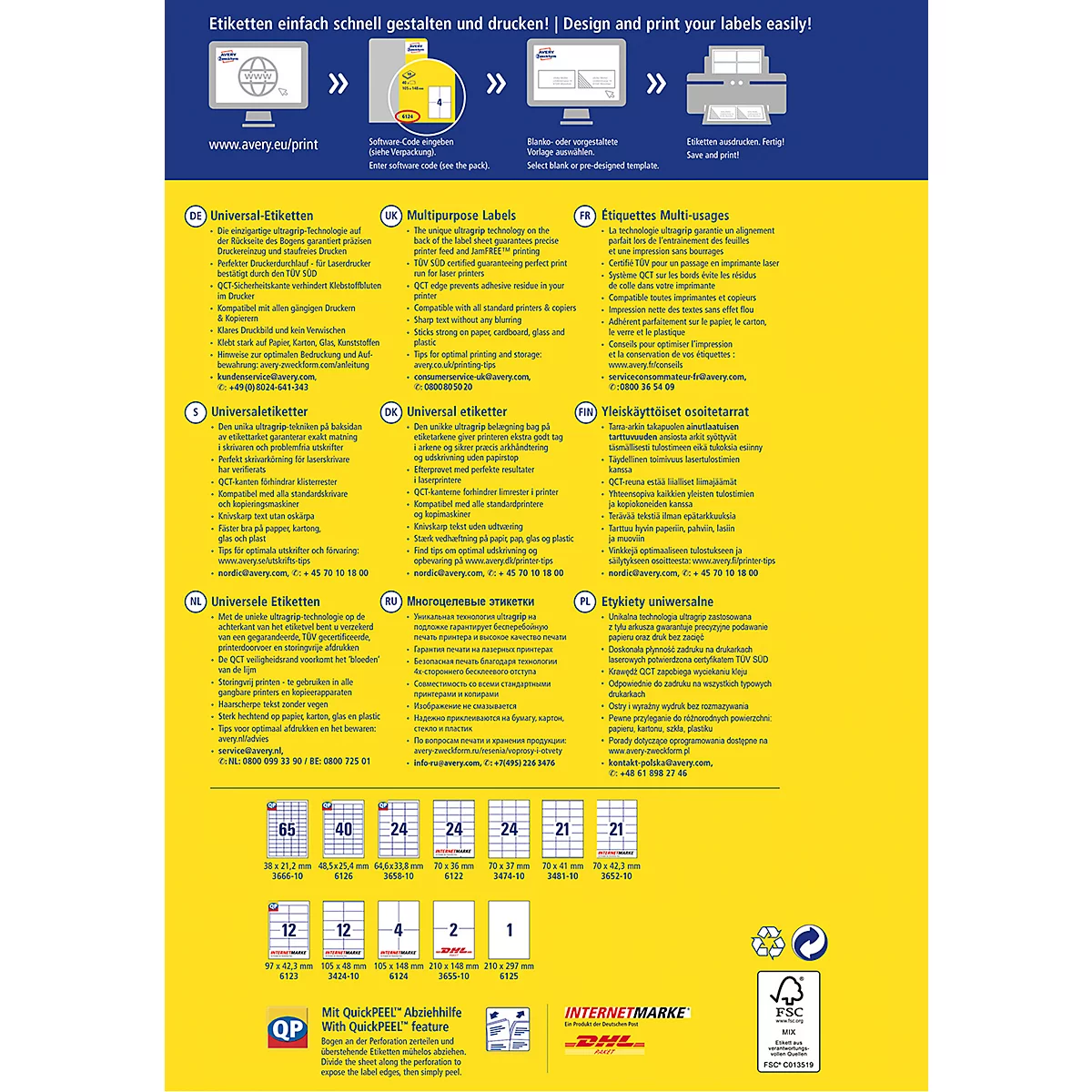 Yellow background with text and symbols on label design and printing. Label formats are shown at the bottom.