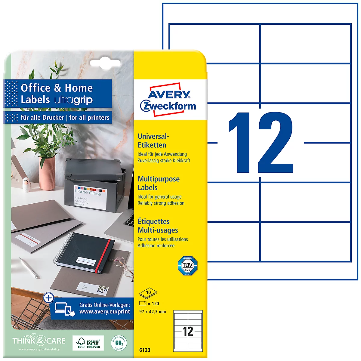 Label package with 12 labels, product image on the left, 12 blank labels on the right. Text: Avery Zweckform, Universal Labels, Multipurpose Labels.