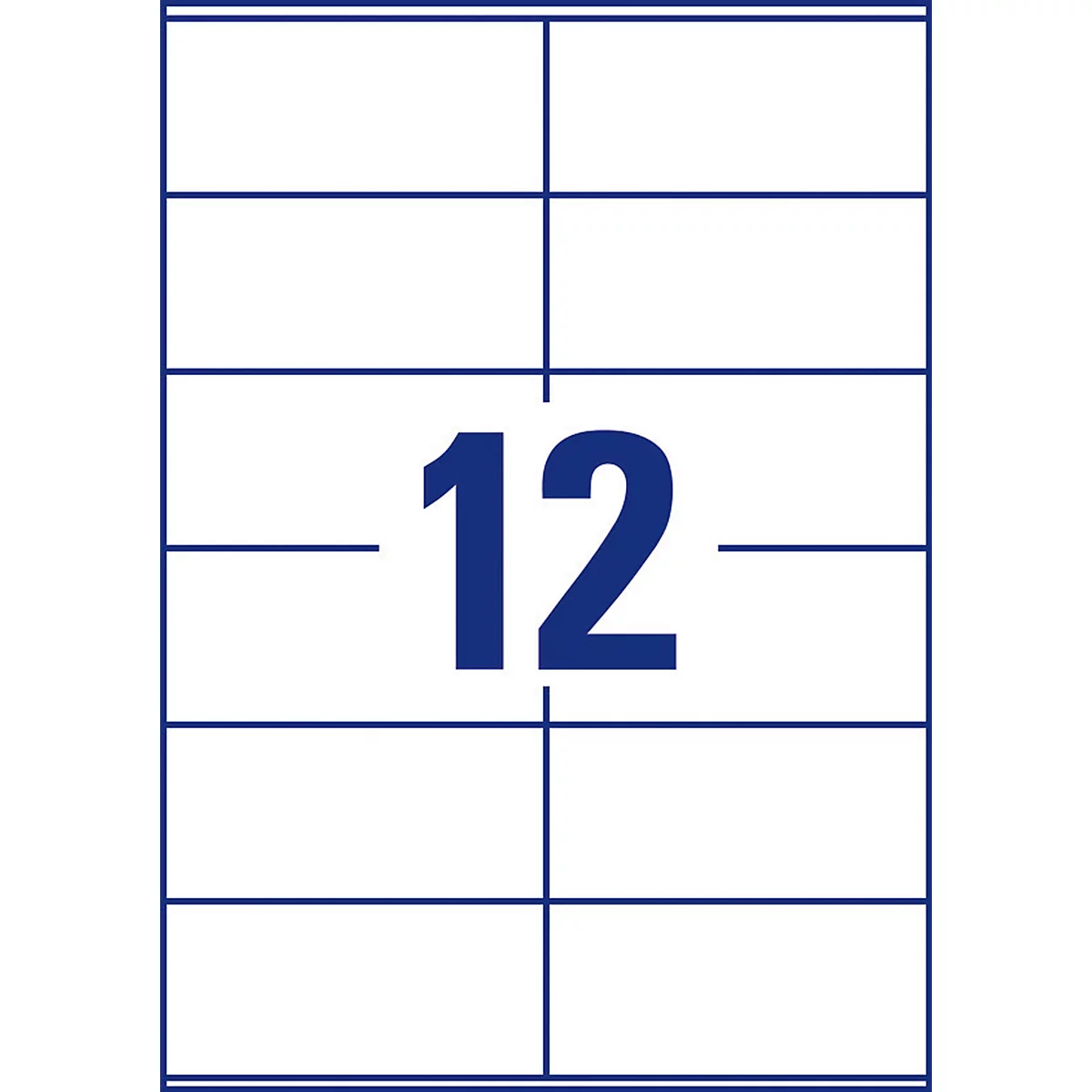 A sheet with 12 rectangular labels, blue bordered. In the middle the number 12 is written large.