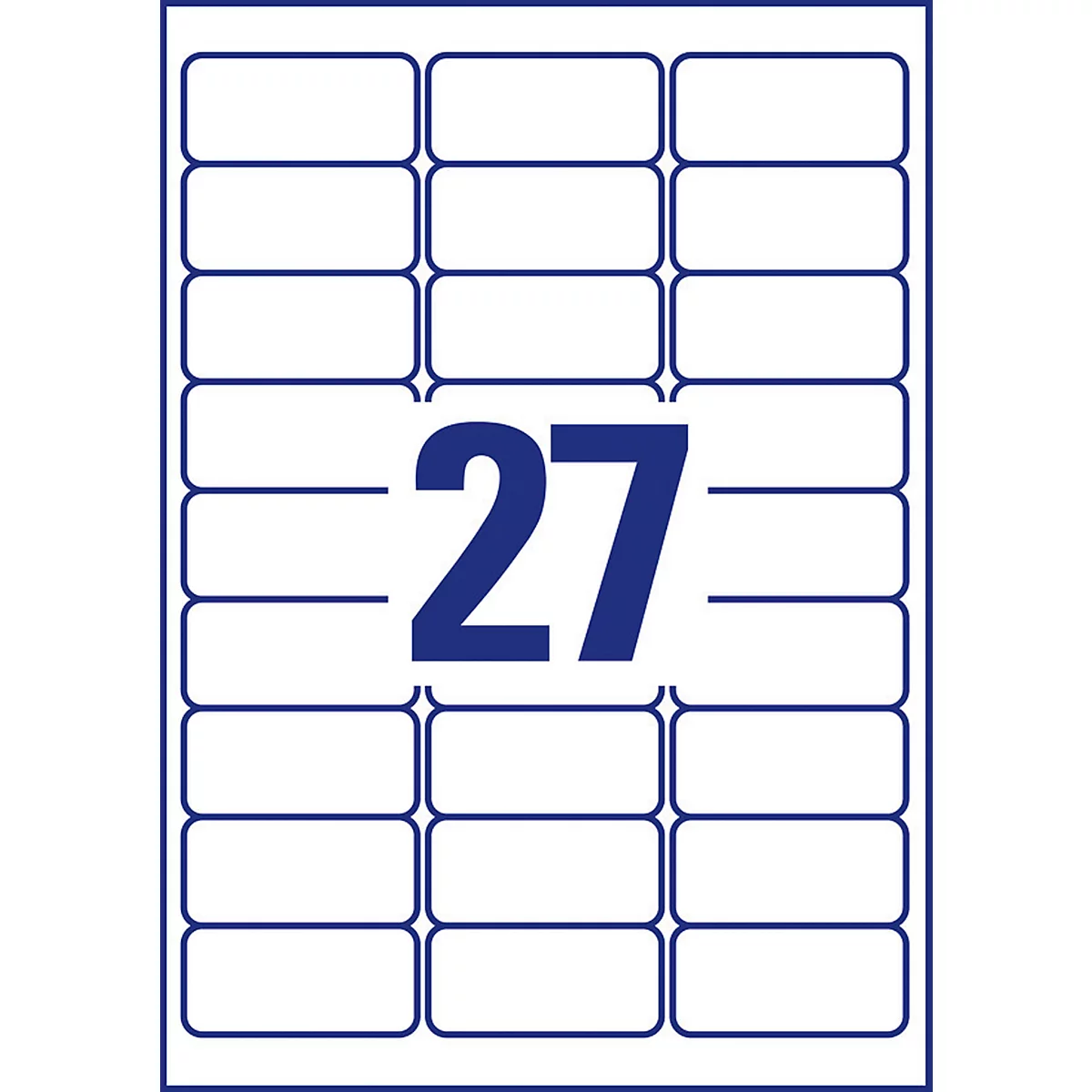Sheet of 27 rectangular labels. The number 27 is large and blue, placed in the center.