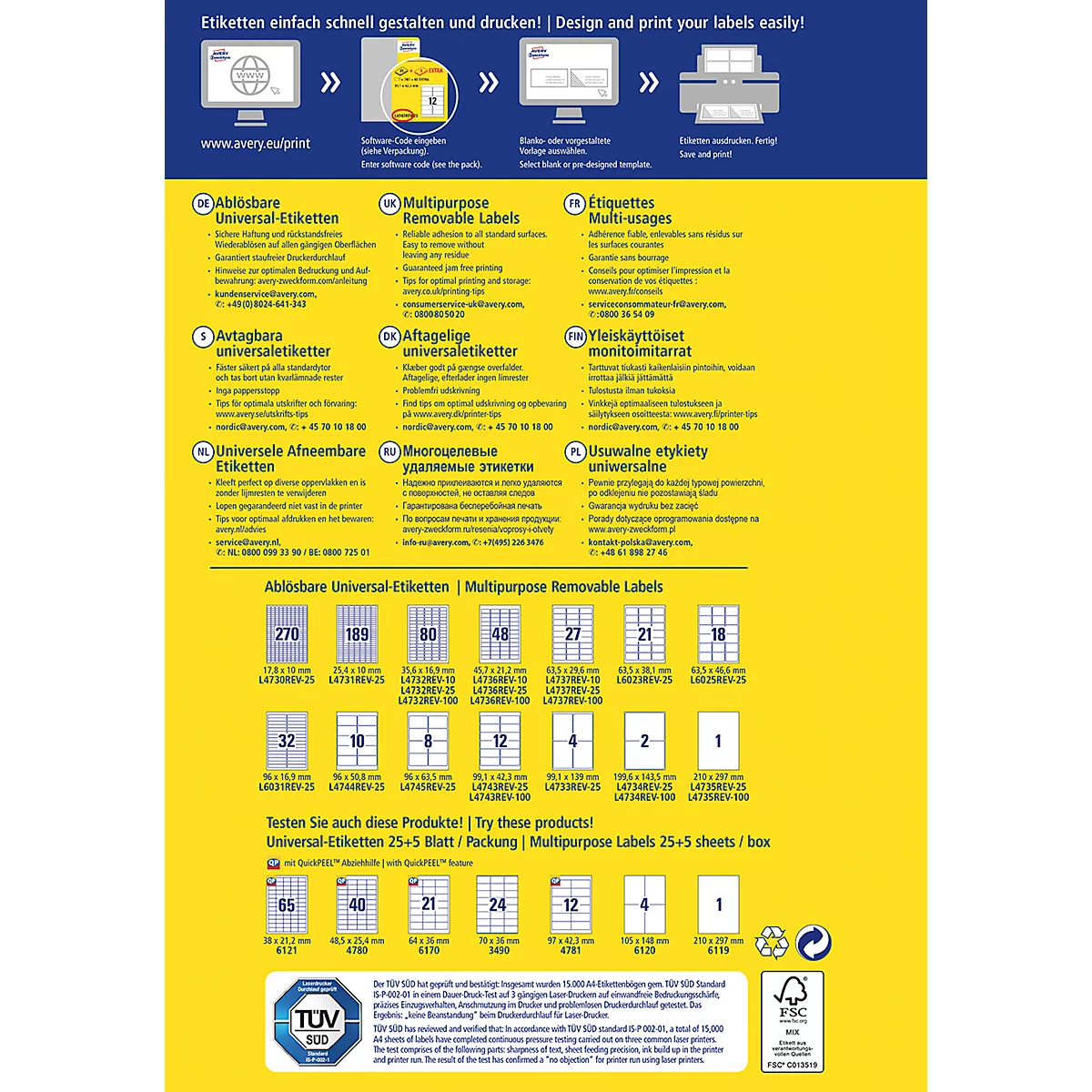 Product packaging with labels, yellow and blue, text: design labels quickly, various label sizes.