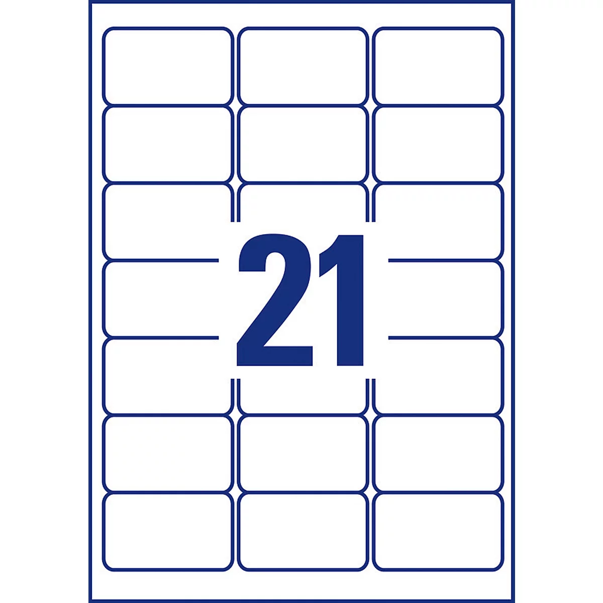 A sheet of white labels with rectangular blue borders, with the number 21 in blue in the center.