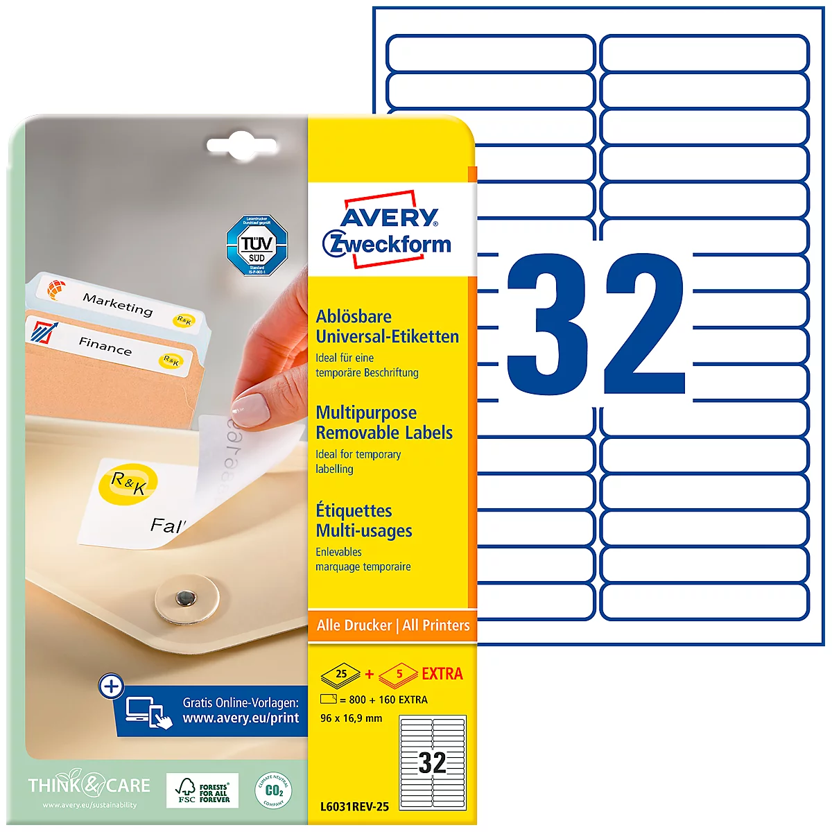 Package of removable universal labels from Avery Zweckform. Yellow background, a hand sticks a label on documents.