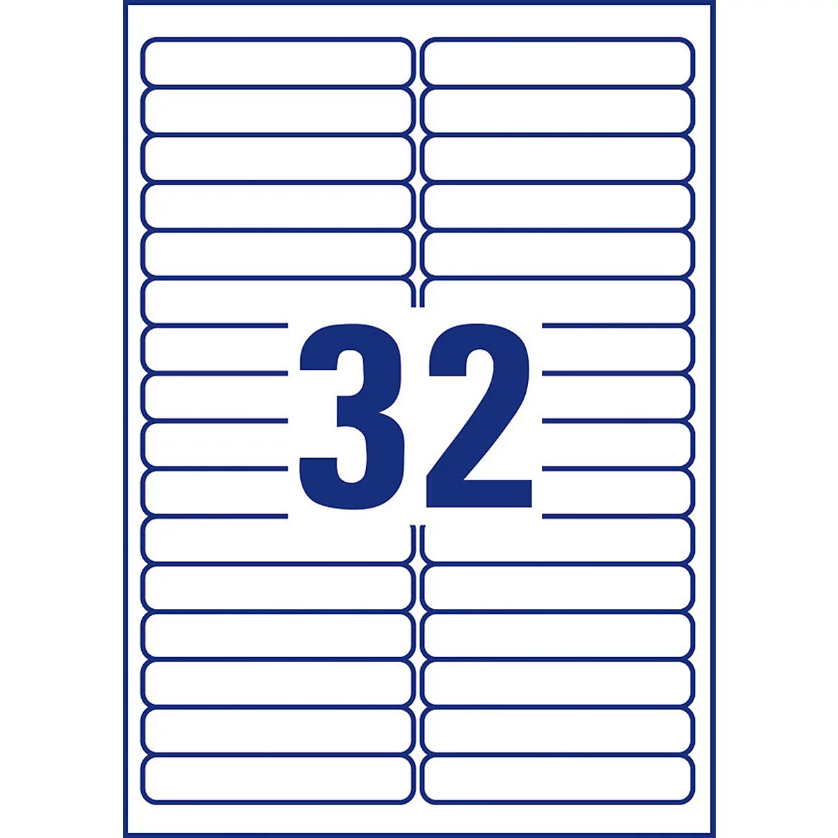 Sheet of 32 rectangular labels with dark blue borders; the number "32" in dark blue is centered.