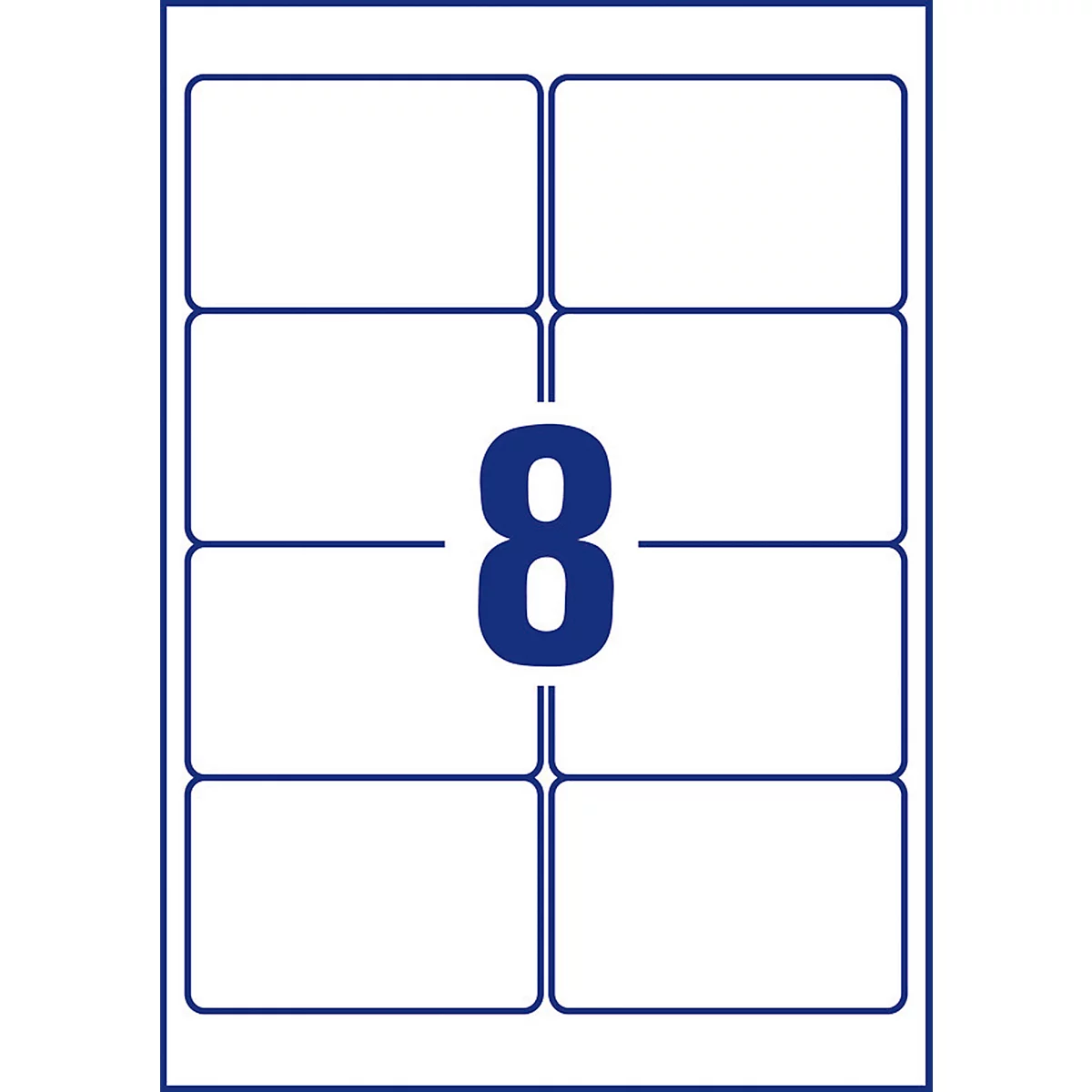 A white sheet with eight rectangular labels framed by blue lines. In the middle is a blue number 8.