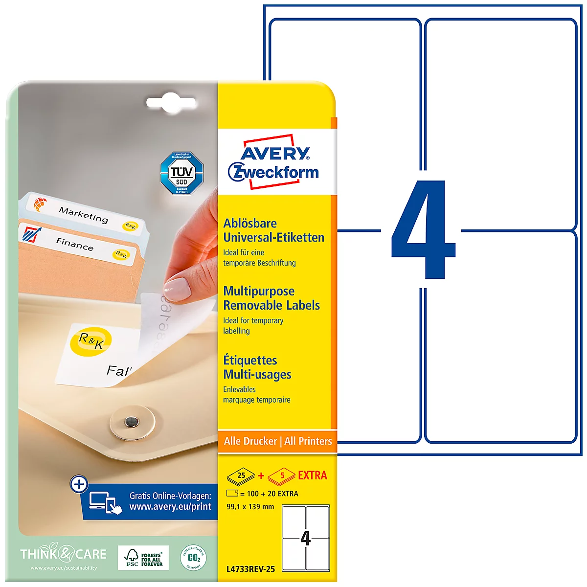 Label pack with removable universal labels and a sheet with four labels. Inscription "AVERY Zweckform".