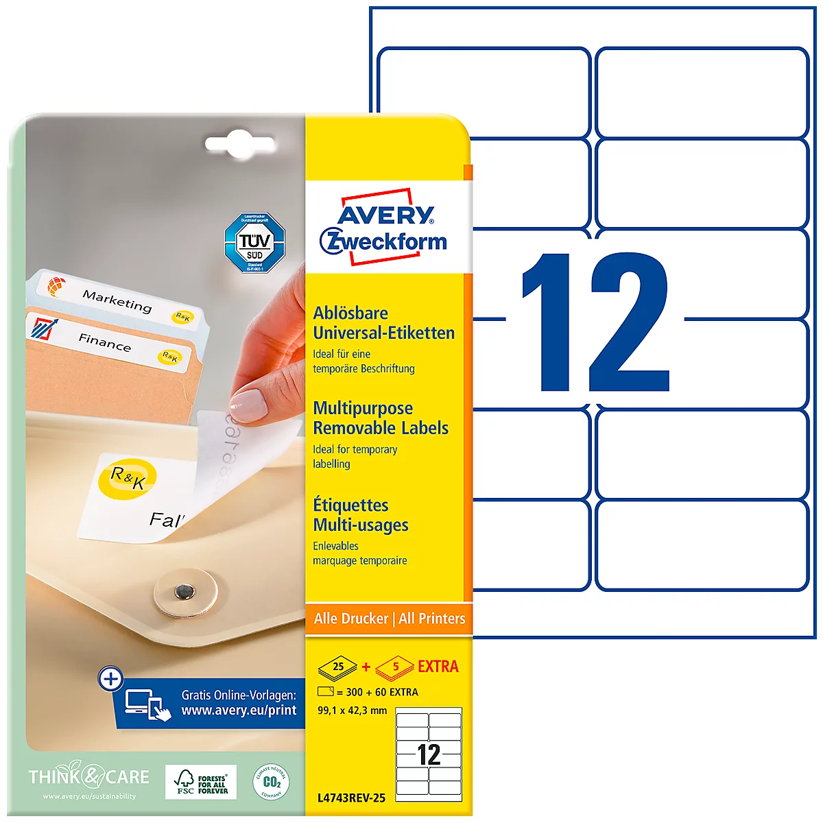 A pack of Avery Zweckform labels, next to a sheet of 12 blank labels.