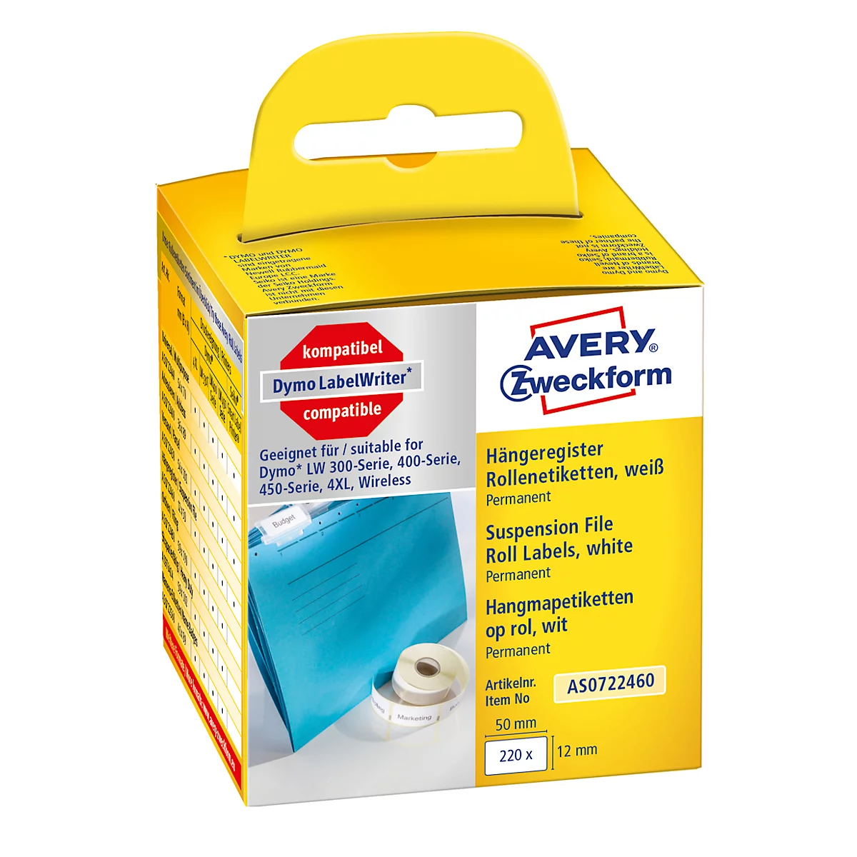 Yellow box with the white text 'AVERY Zweckform' and 'Hanging file'. Below, a roll of labels.