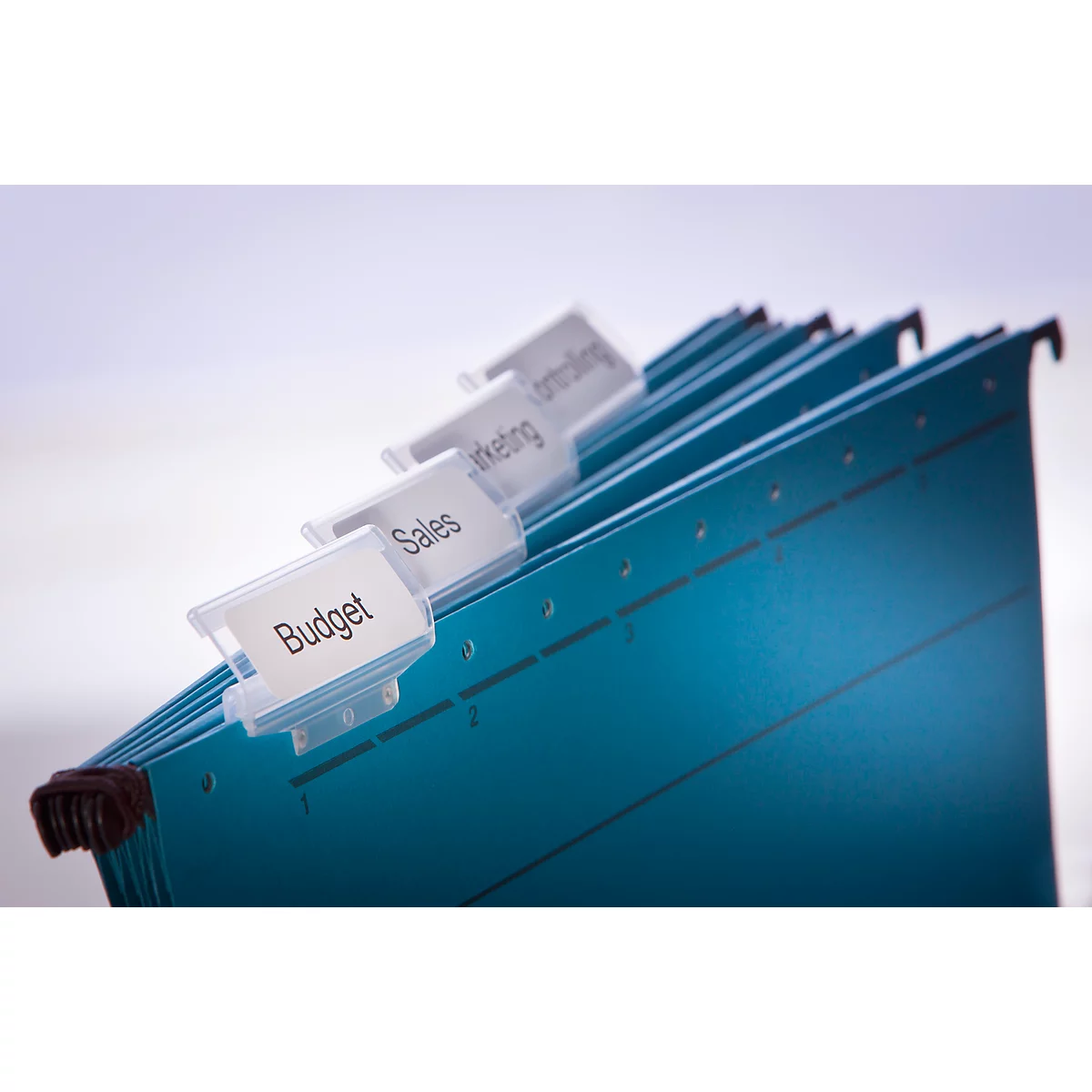 Hanging file folder with labels 'Budget', 'Sales', 'Marketing' and 'Branding'. The folder is blue.