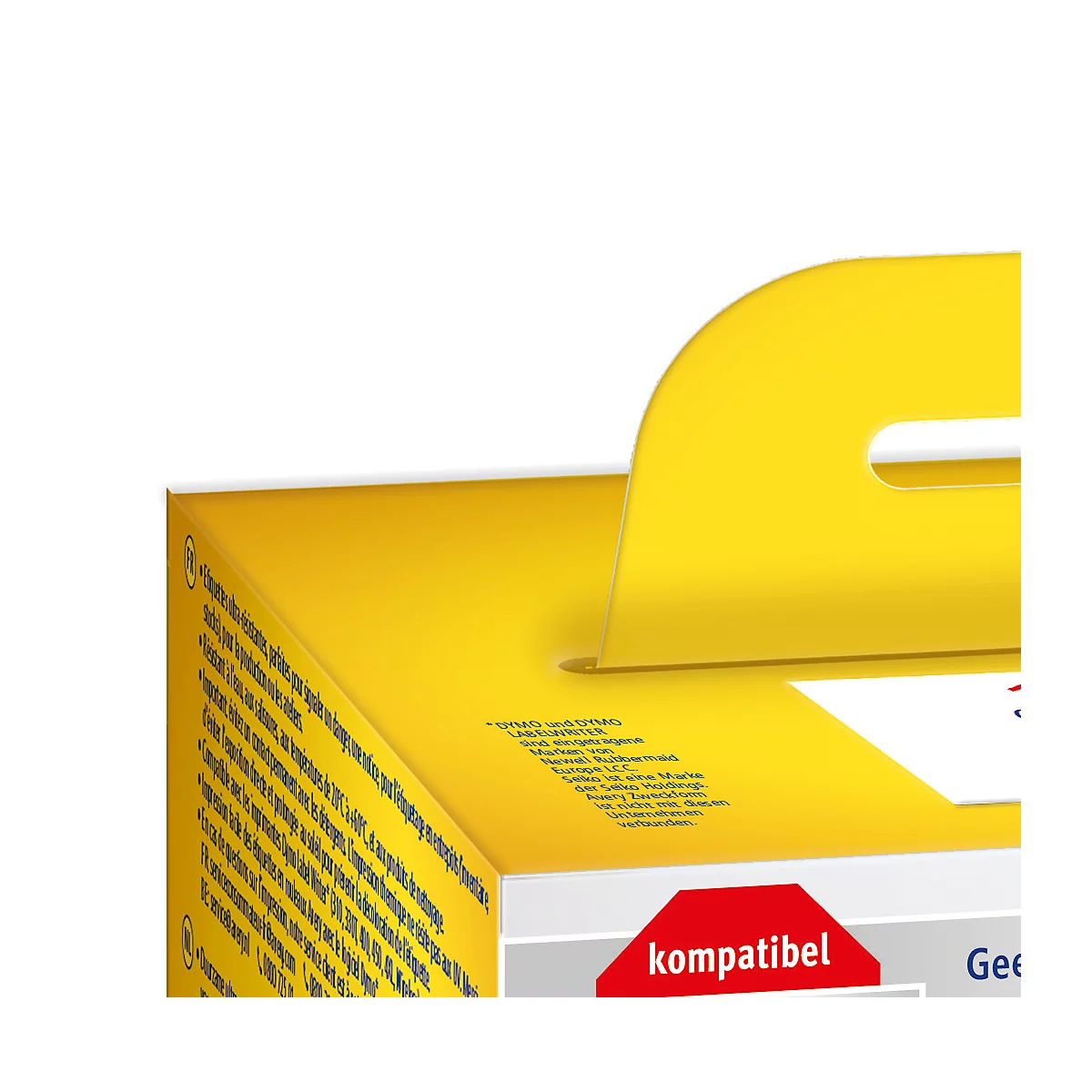 Yellow packaging with handle. The word 'compatible' is highlighted in red.