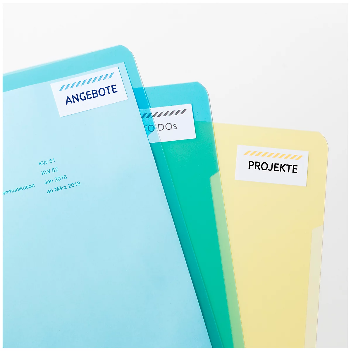 Three different colored folders with labels: Offers, ToDos, Projects. Handwritten notes are below.