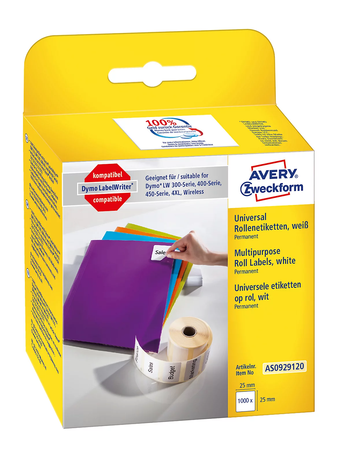 Avery Zweckform Universal Rollenetiketten, Papier, 25 x 25 mm, selbstklebend, weiß, 1000 Etiketten, 1 Rolle