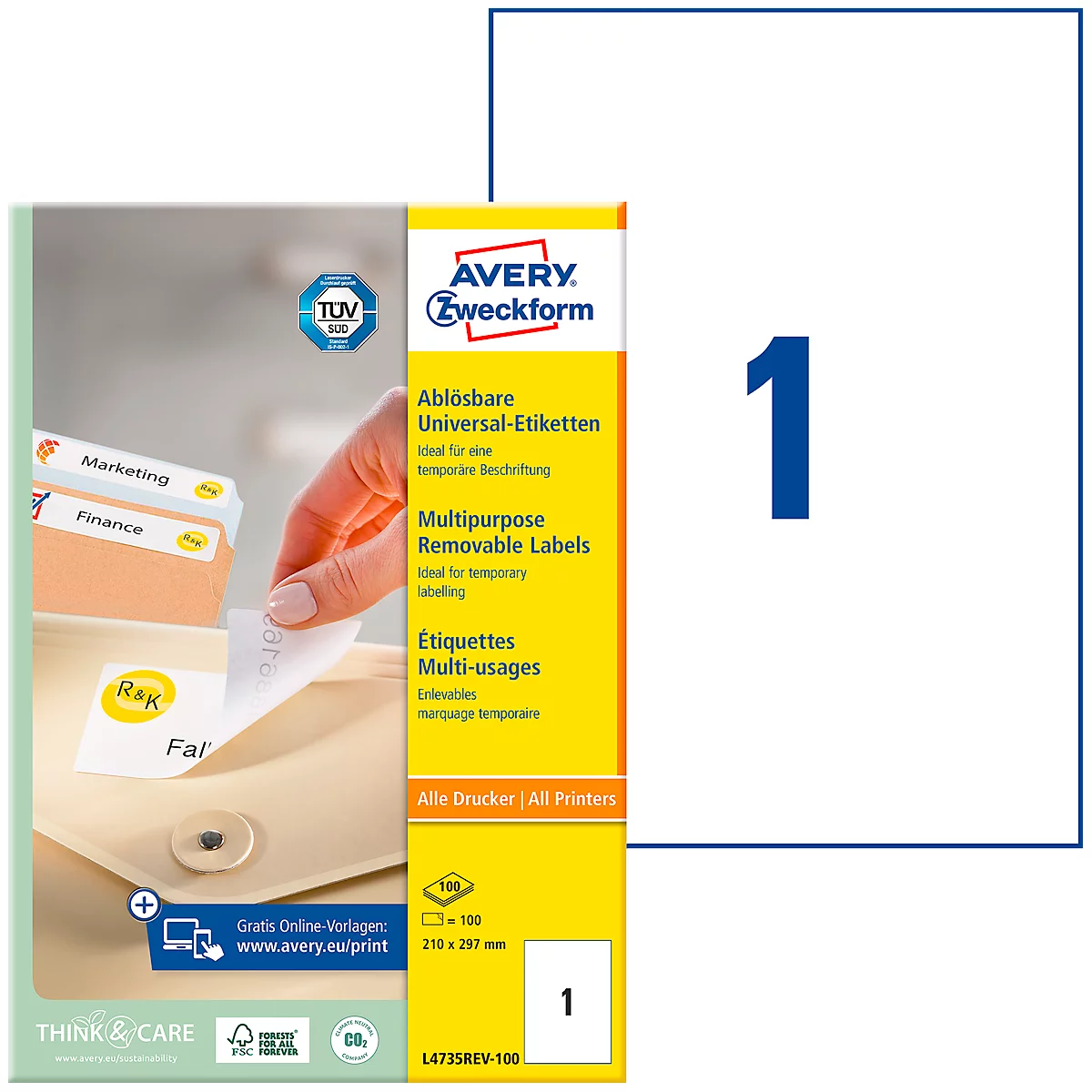 Avery Zweckform universele etiketten, 100 etiketten, 210 x 297 mm