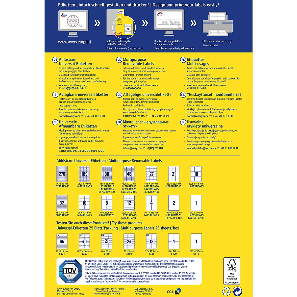 Avery Zweckform universele etiketten, 100 etiketten, 210 x 297 mm