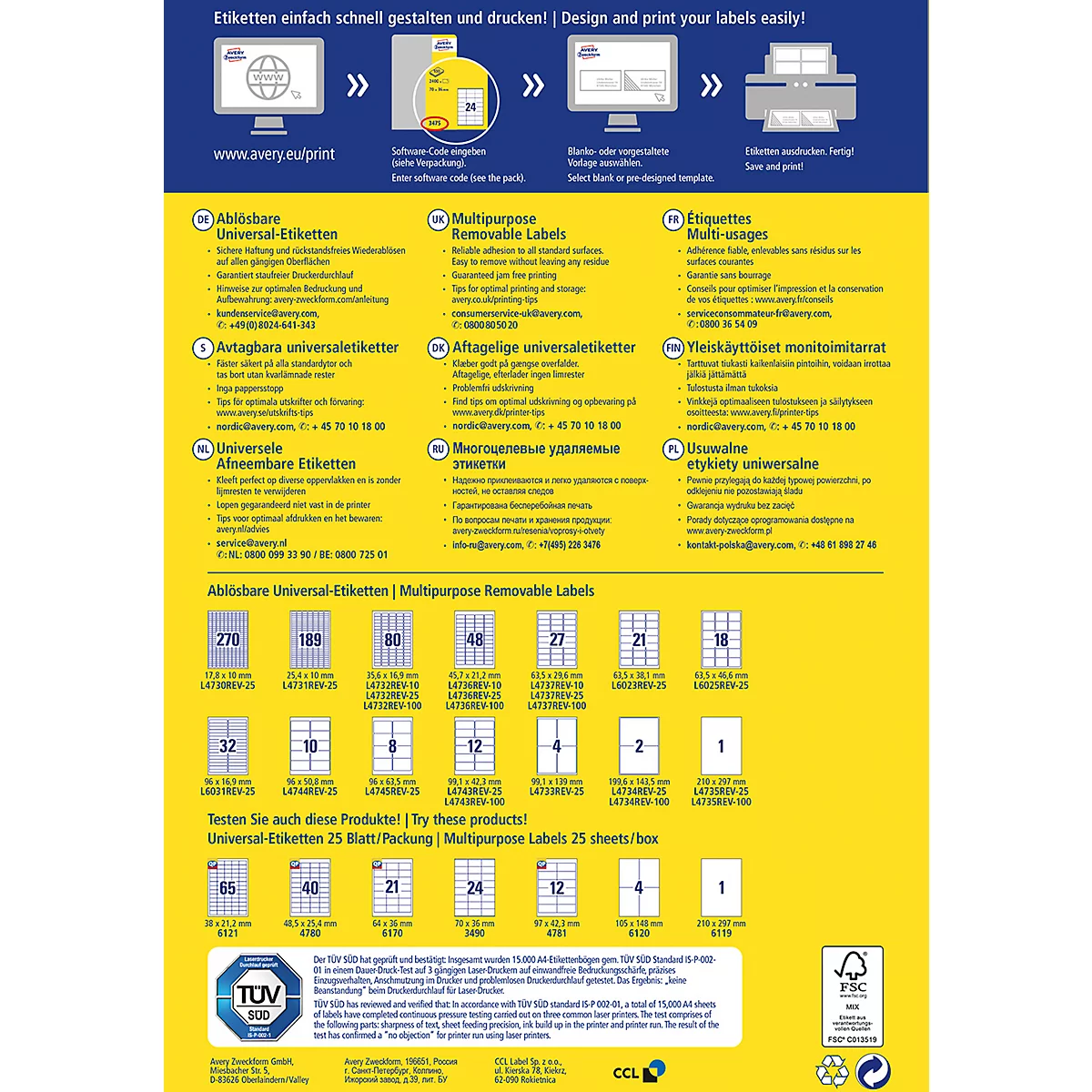 Avery Zweckform universele etiketten, 100 etiketten, 210 x 297 mm